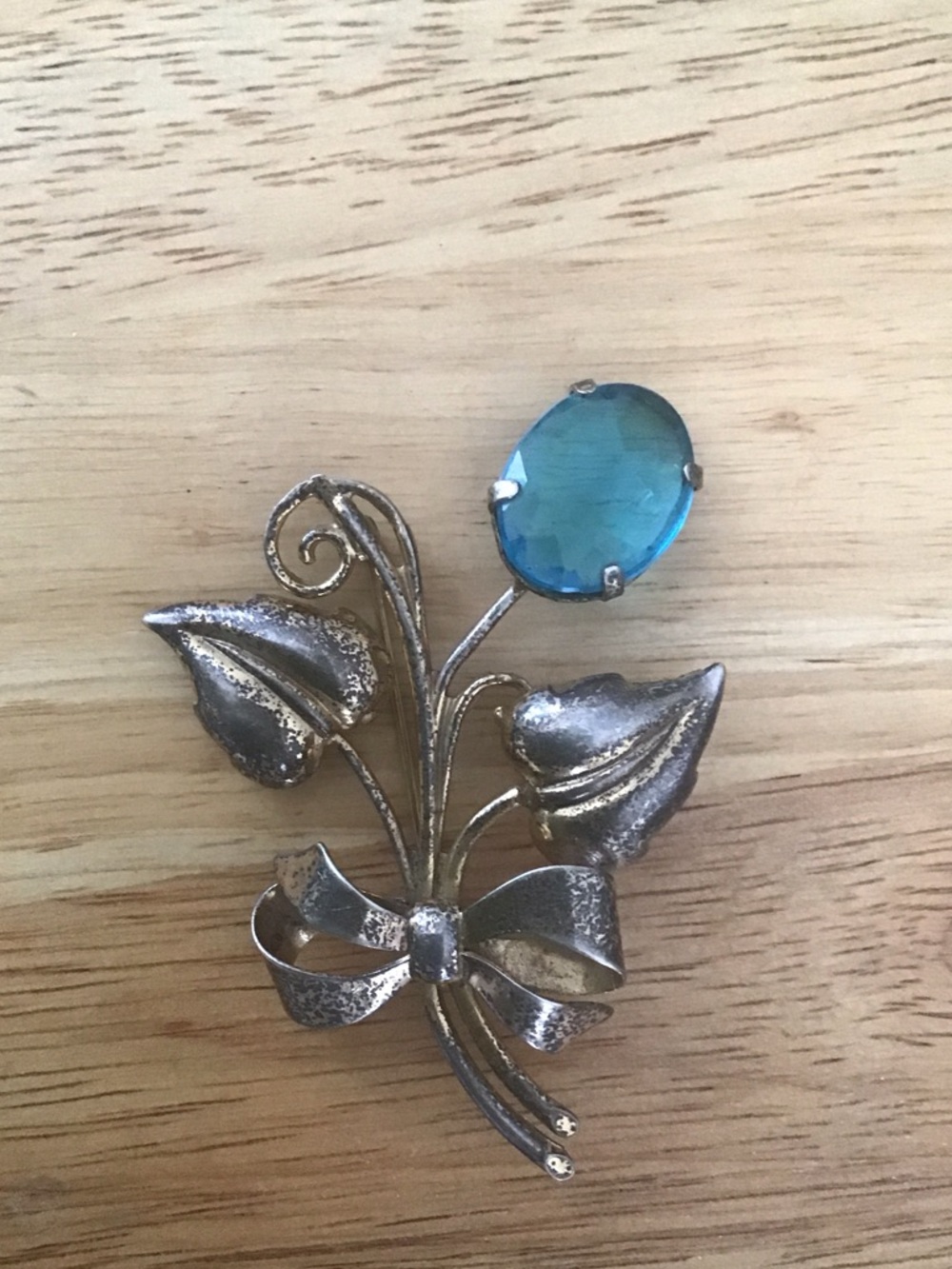 Vintage Sterling Floral Brooch with Teal Blue Stone